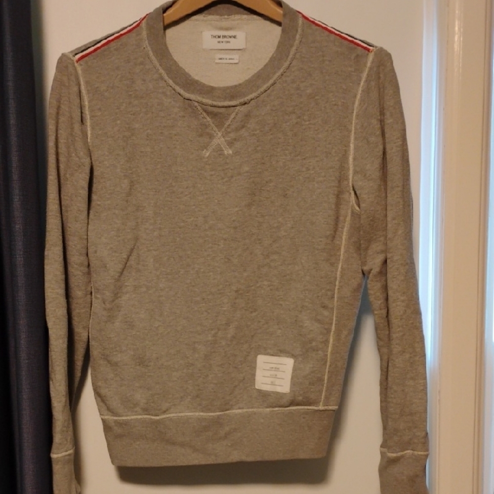 Thom Browne Light Gray Crewneck Sweater with Red Stripes